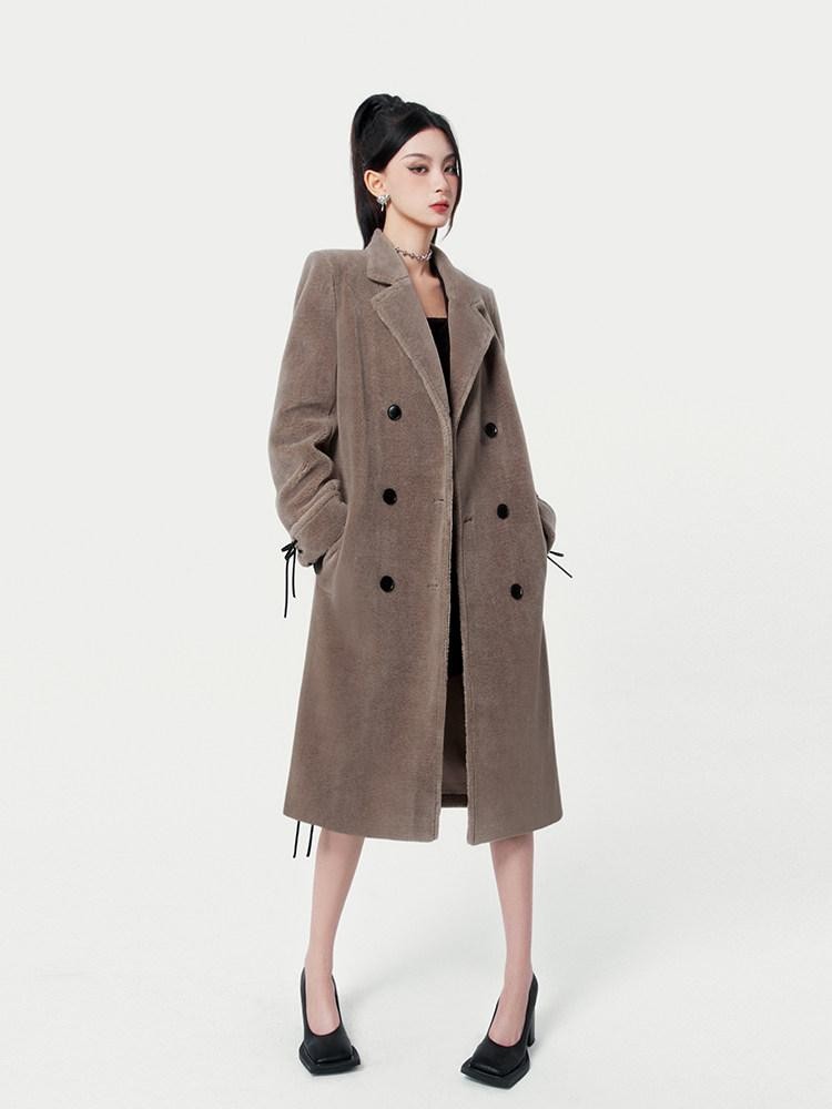 VOCK Mocha Brown Shearling Belted Double Breasted Women's Polyester Long Coats