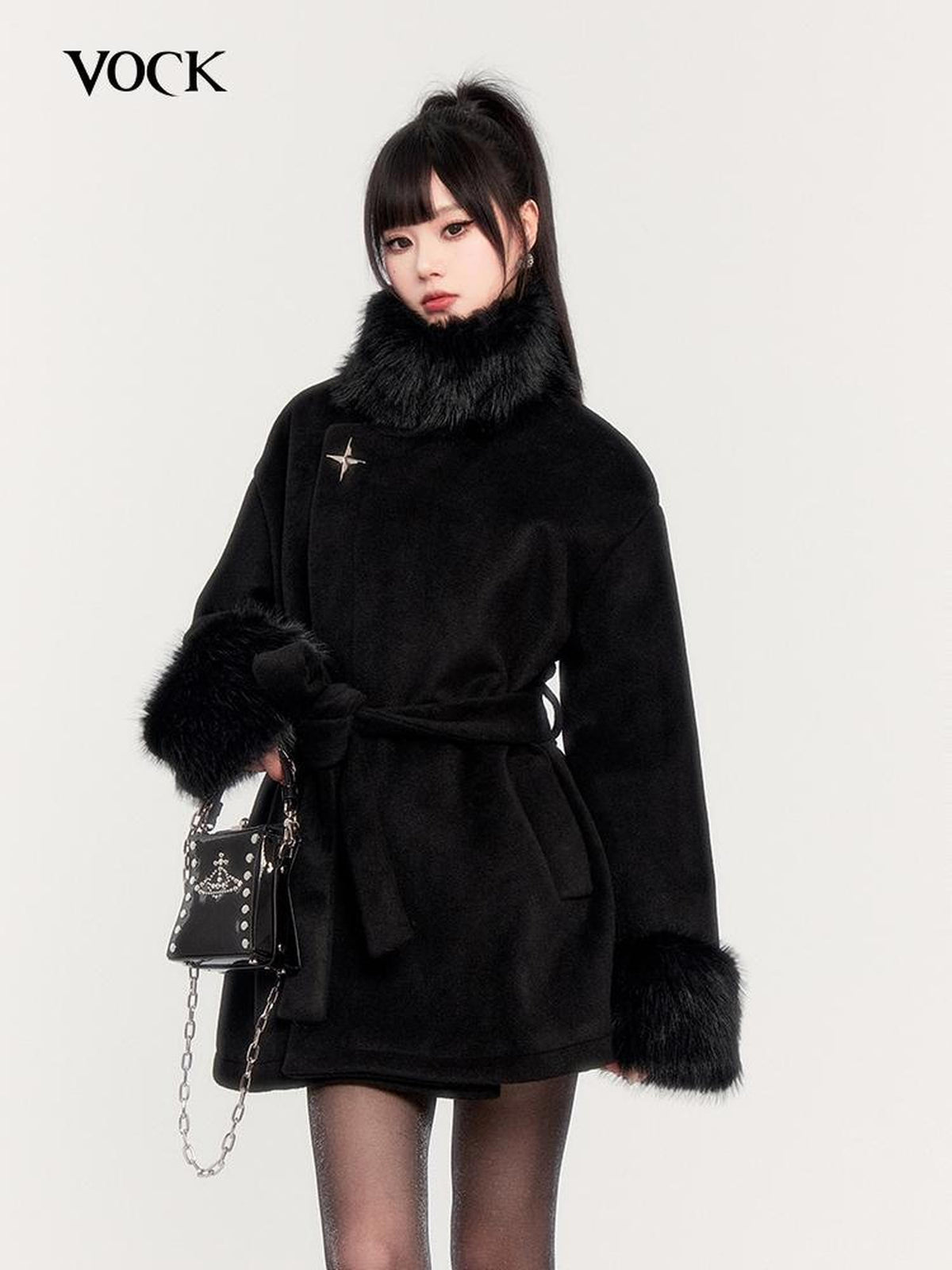 VOCK Obsidian Black Faux Fur Panel Stand Collar Slim Fit Women's Wool Coats