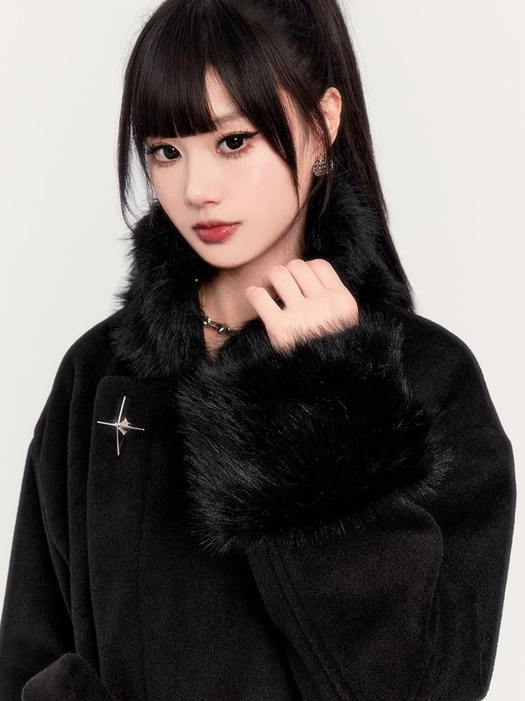 VOCK Obsidian Black Faux Fur Panel Stand Collar Slim Fit Women's Wool Coats