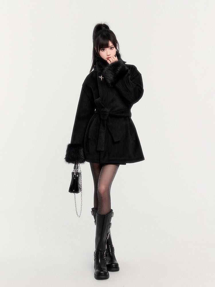 VOCK Obsidian Black Faux Fur Panel Stand Collar Slim Fit Women's Wool Coats