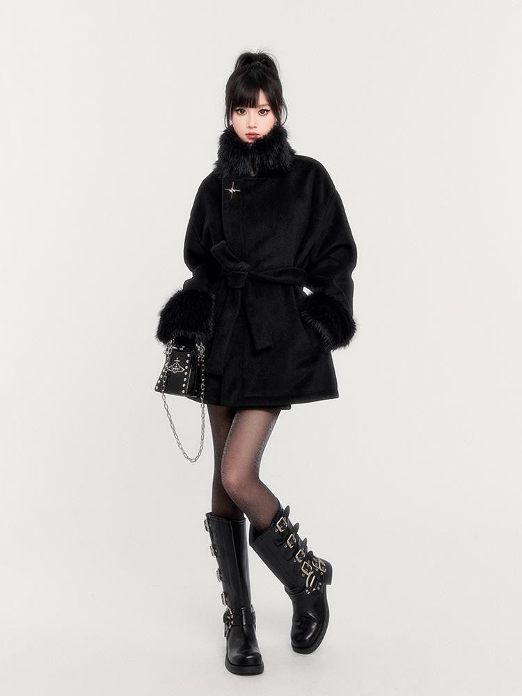 VOCK Obsidian Black Faux Fur Panel Stand Collar Slim Fit Women's Wool Coats