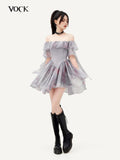 VOCK Oil Painting Print One Shoulder Ruffle Women's Polyester Corset Mini Dresses
