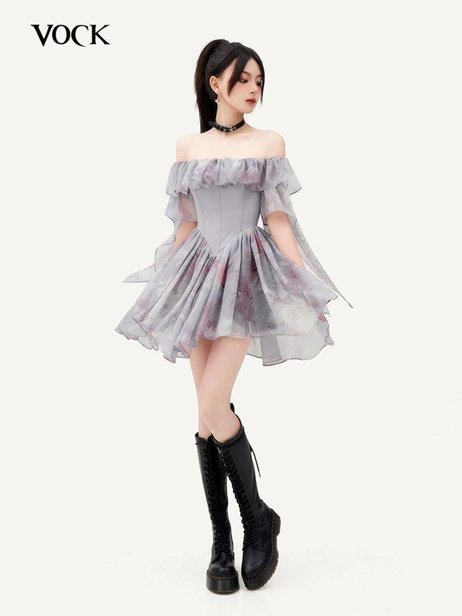 VOCK Oil Painting Print One Shoulder Ruffle Women's Polyester Corset Mini Dresses