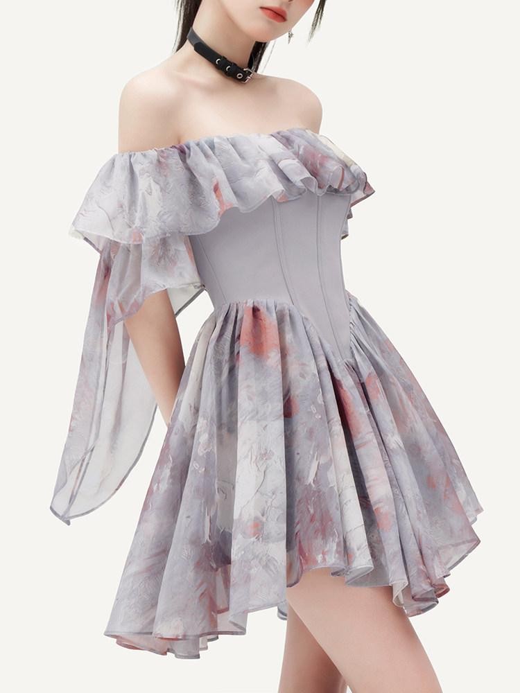 VOCK Oil Painting Print One Shoulder Ruffle Women's Polyester Corset Mini Dresses