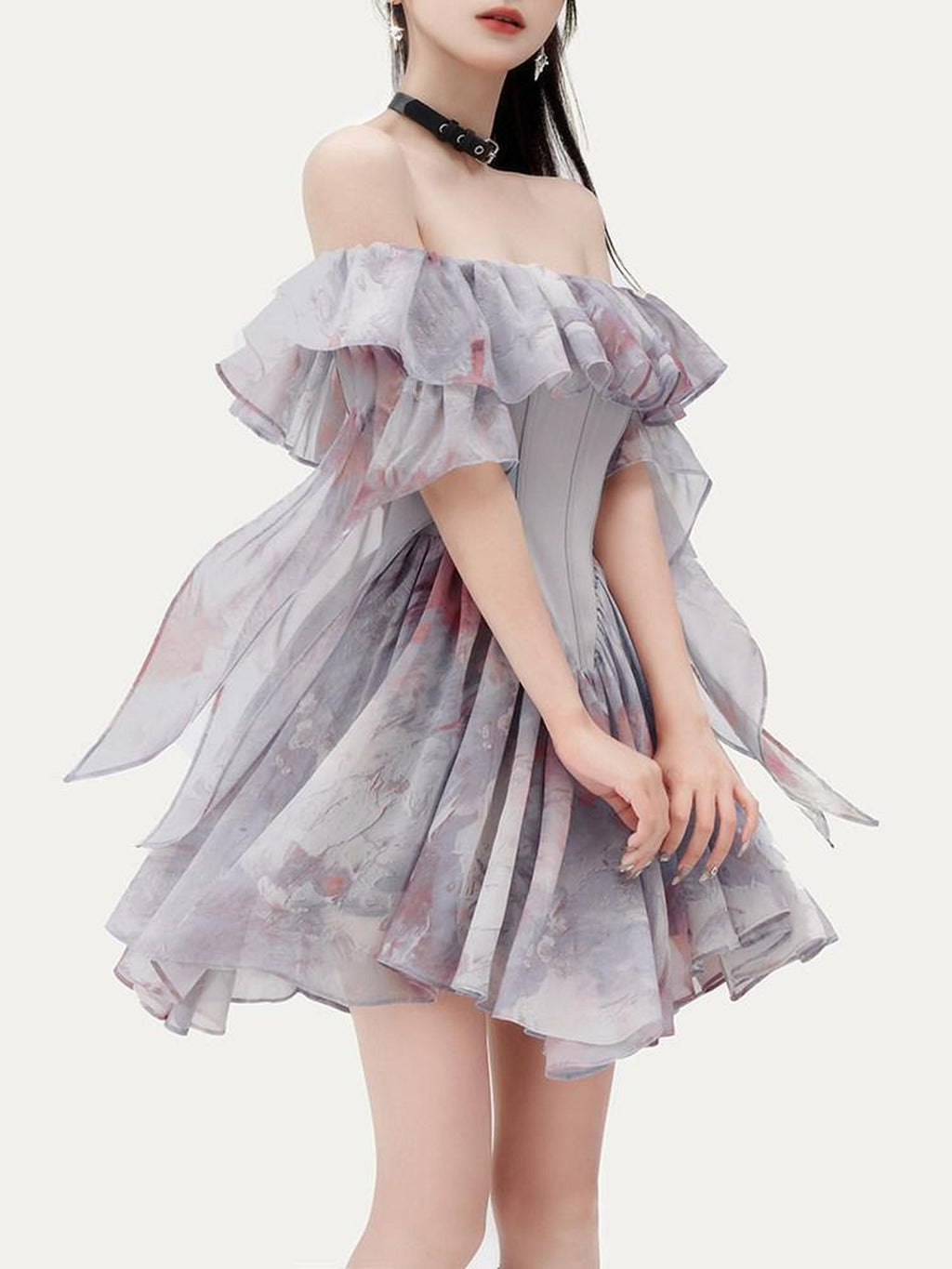 VOCK Oil Painting Print One Shoulder Ruffle Women's Polyester Corset Mini Dresses