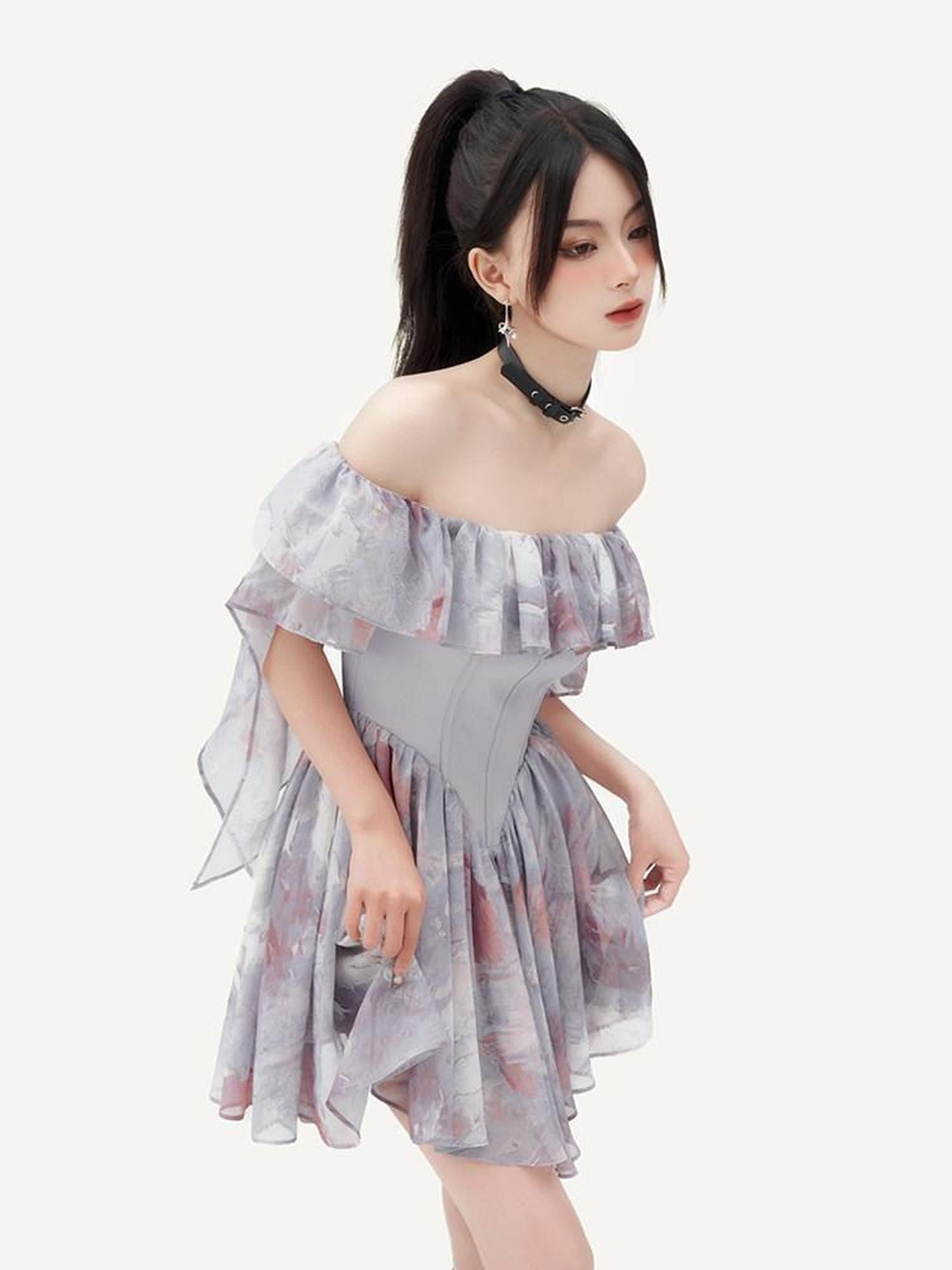 VOCK Oil Painting Print One Shoulder Ruffle Women's Polyester Corset Mini Dresses