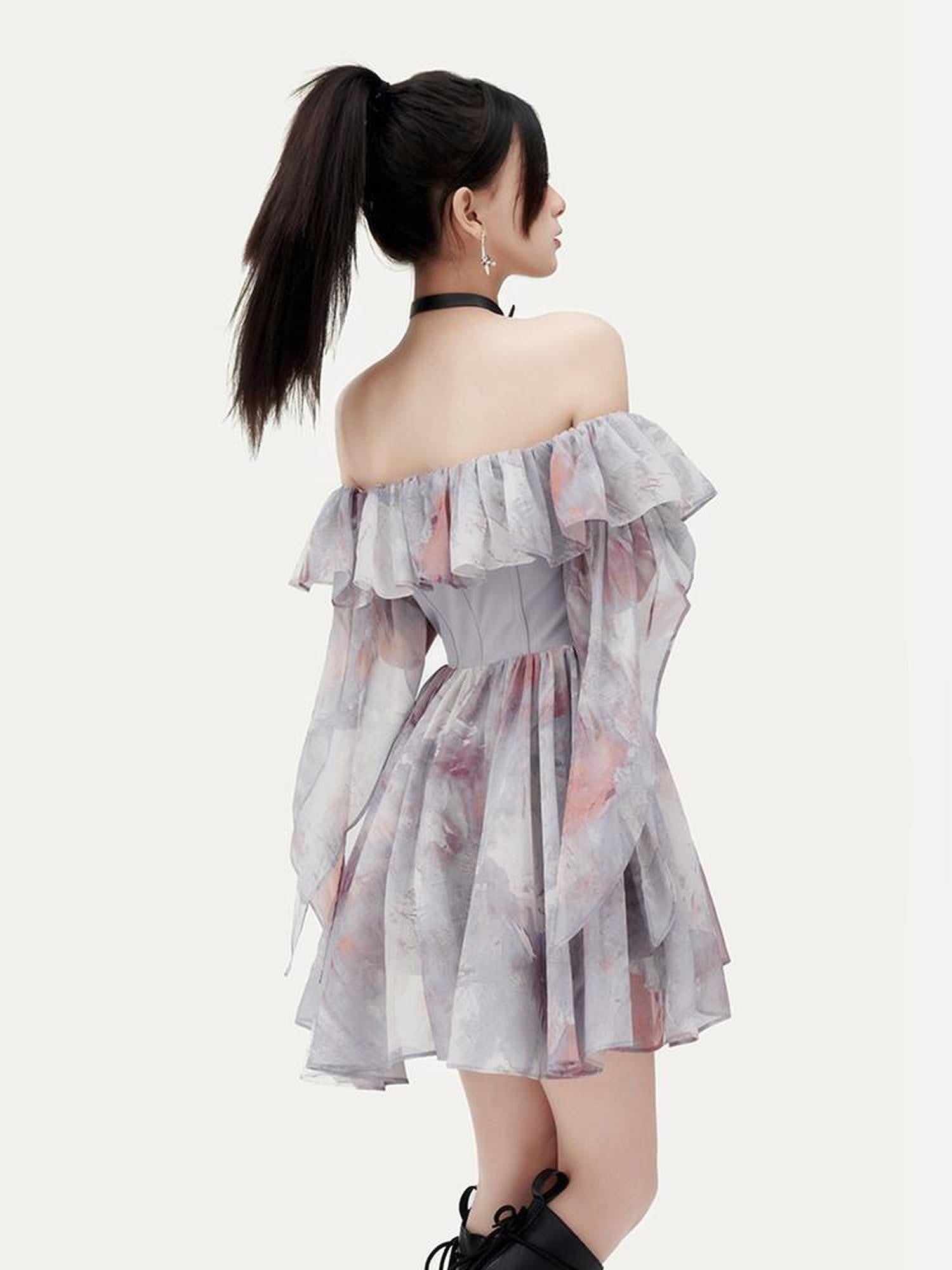 VOCK Oil Painting Print One Shoulder Ruffle Women's Polyester Corset Mini Dresses