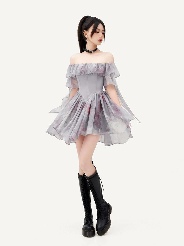 VOCK Oil Painting Print One Shoulder Ruffle Women's Polyester Corset Mini Dresses