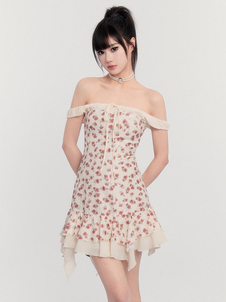 VOCK Patchwork Floral Faux Two Piece Irregular Women's Off-shoulder Mini Dresses