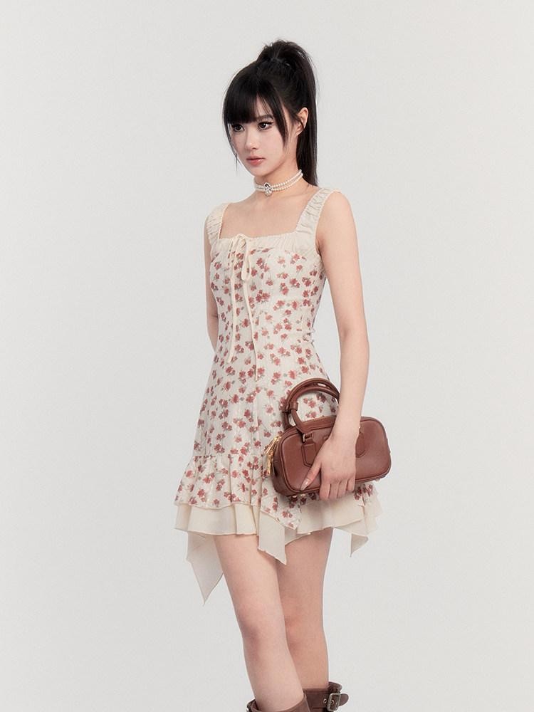 VOCK Patchwork Floral Faux Two Piece Irregular Women's Off-shoulder Mini Dresses