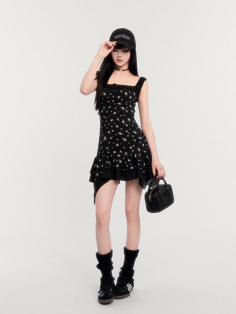 VOCK Patchwork Floral Faux Two Piece Irregular Women's Off-shoulder Mini Dresses