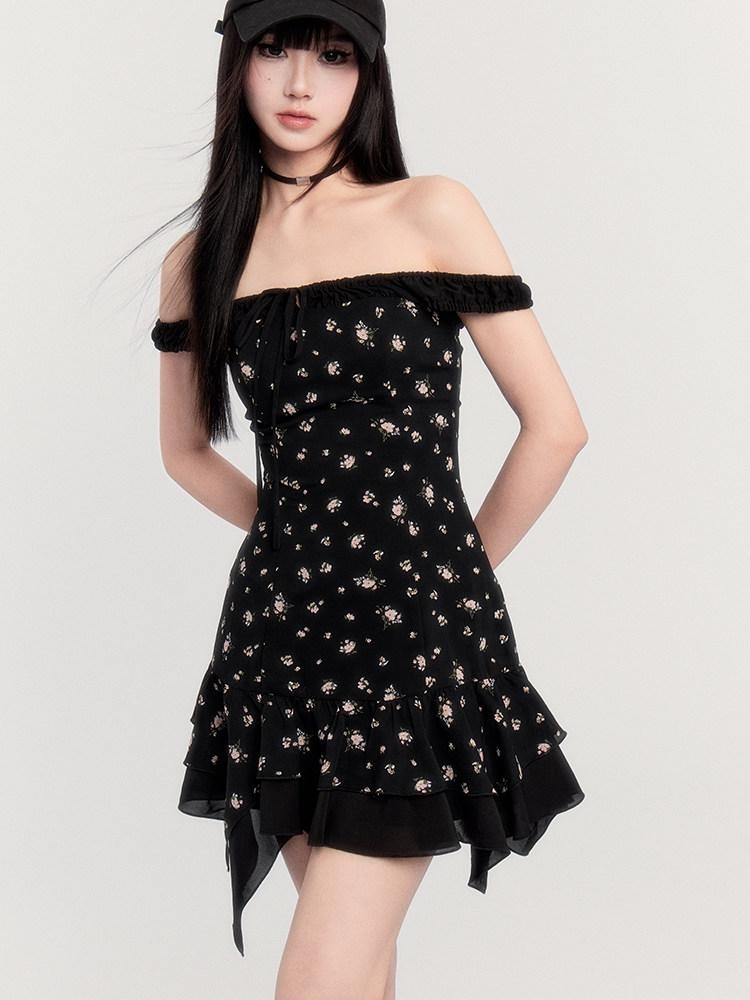VOCK Patchwork Floral Faux Two Piece Irregular Women's Off-shoulder Mini Dresses