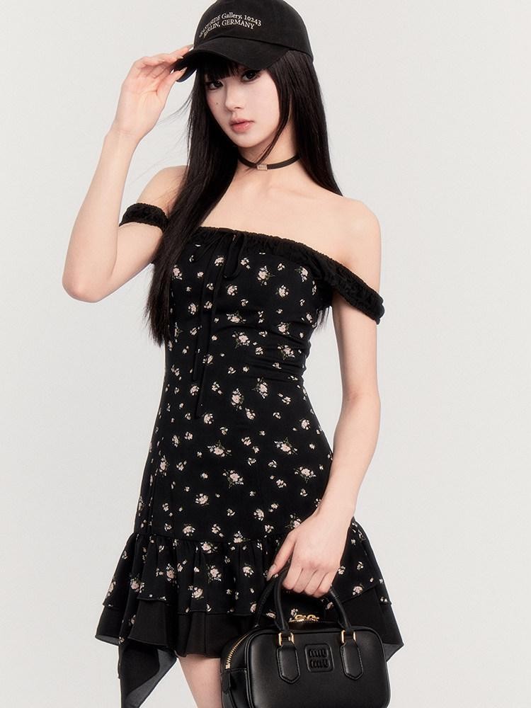 VOCK Patchwork Floral Faux Two Piece Irregular Women's Off-shoulder Mini Dresses