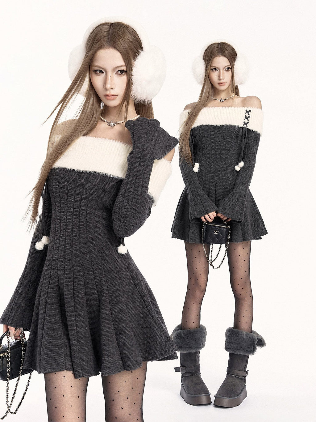 VOCK_Patchwork_Knit_Long_Sleeve_Waist_Cinch_A_Line_Women's_Off-shoulder_Mini_Dresses_998651236629_MISSTT