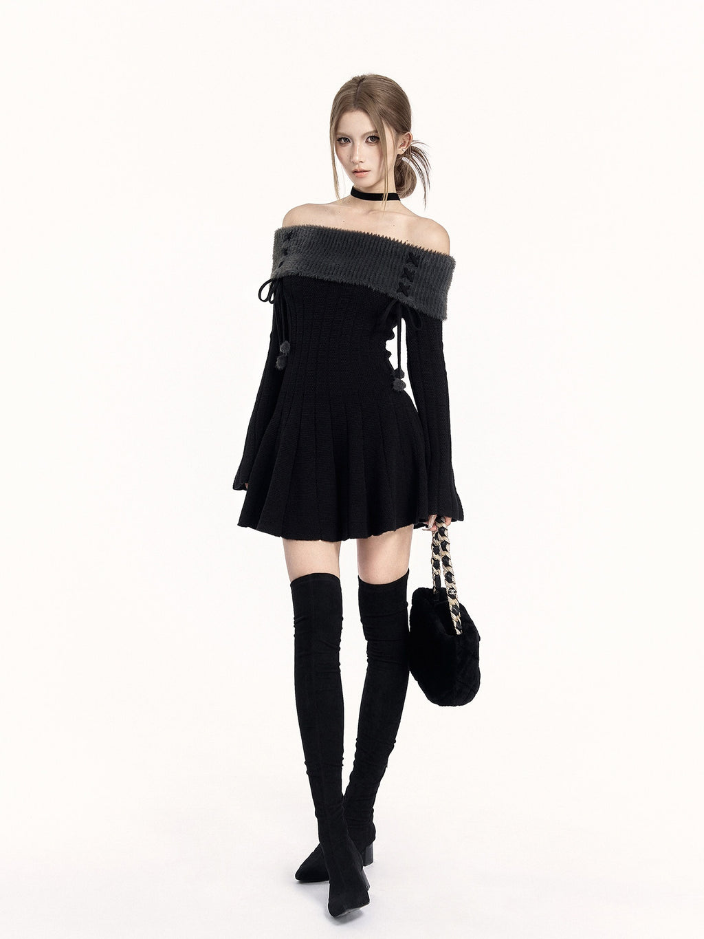 VOCK_Patchwork_Knit_Long_Sleeve_Waist_Cinch_A_Line_Women's_Off-shoulder_Mini_Dresses_998651236629_MISSTT