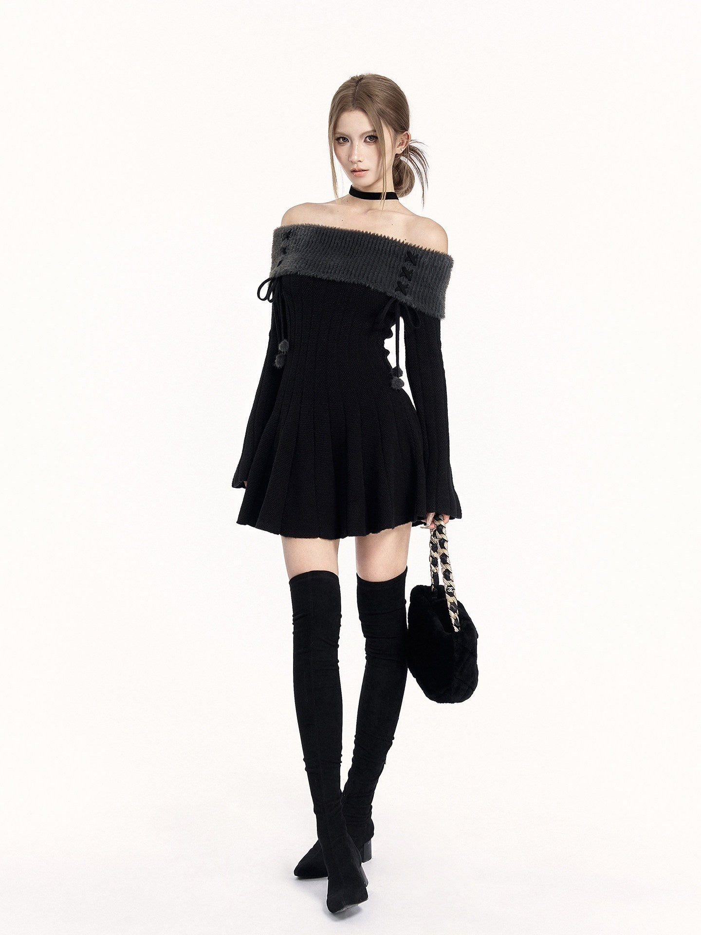 VOCK_Patchwork_Knit_Long_Sleeve_Waist_Cinch_A_Line_Women's_Off-shoulder_Mini_Dresses_998651236629_MISSTT