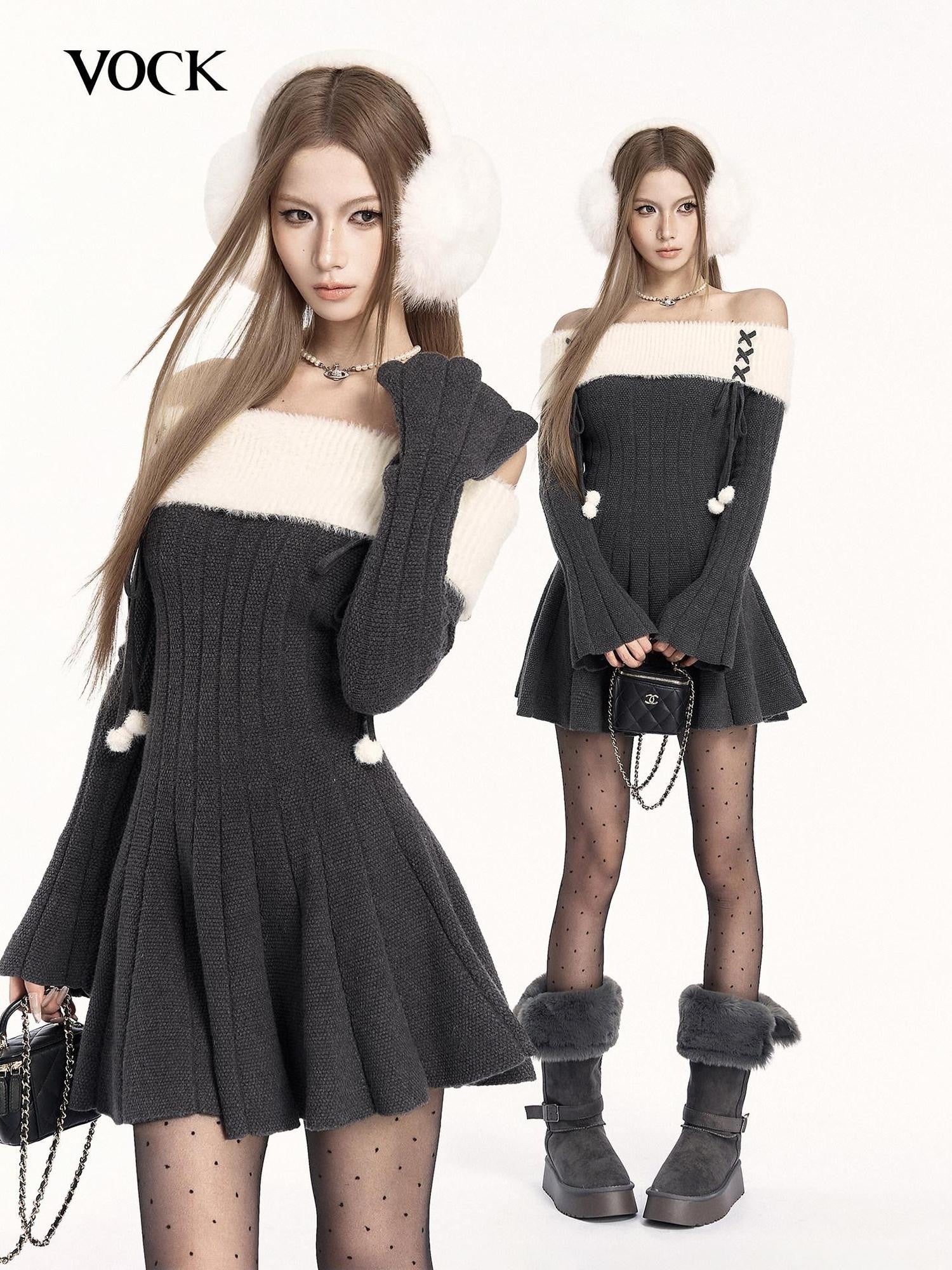 VOCK Patchwork Knit Long Sleeve Waist Cinch A Line Women's Off-shoulder Mini Dresses