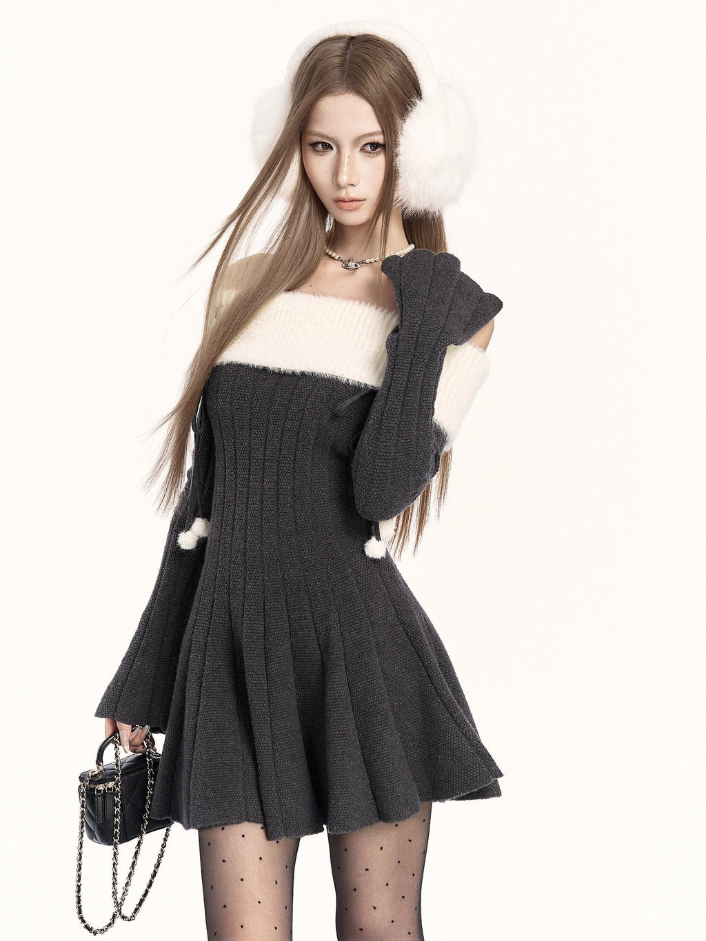 VOCK Patchwork Knit Long Sleeve Waist Cinch A Line Women's Off-shoulder Mini Dresses