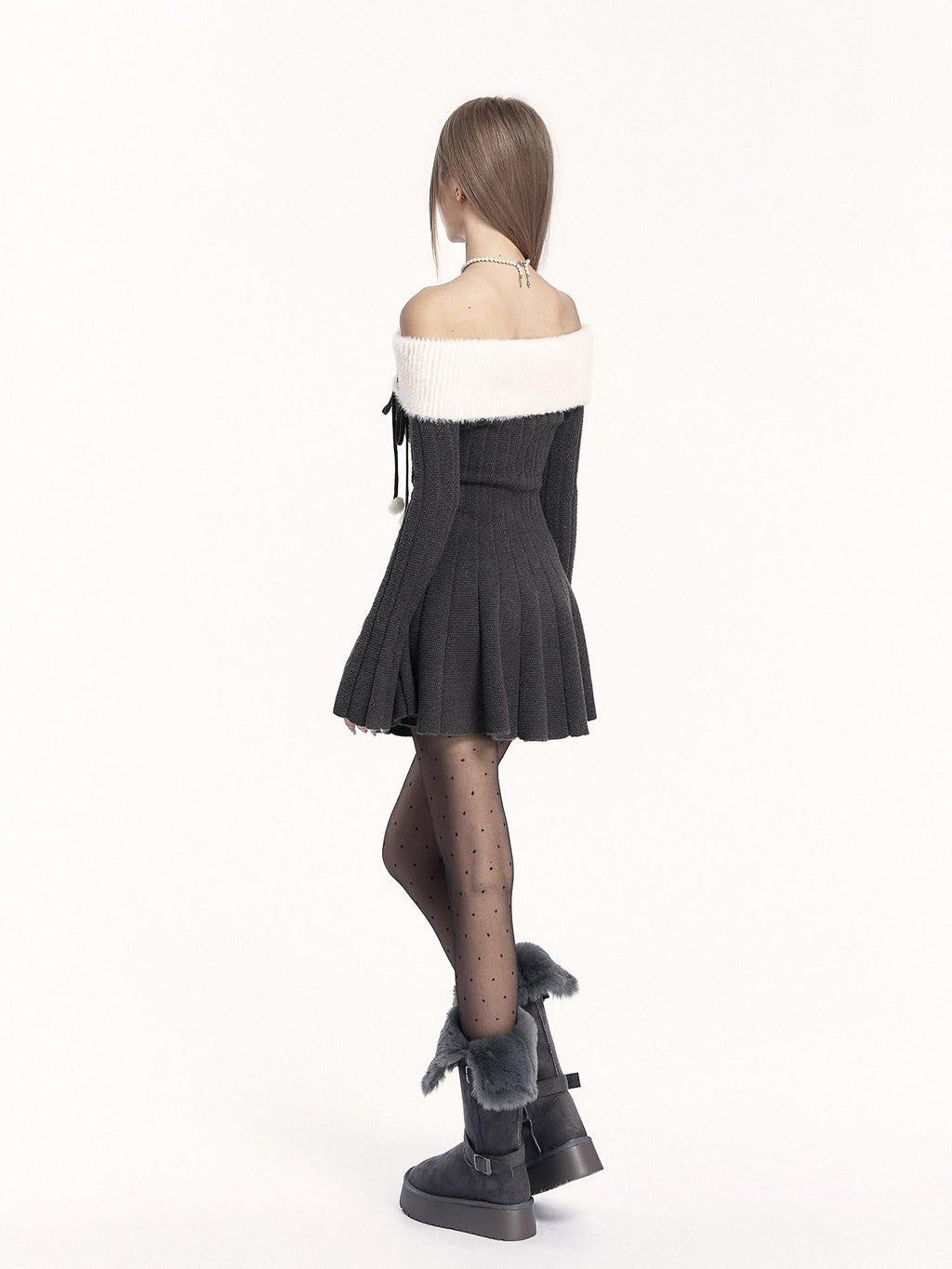 VOCK Patchwork Knit Long Sleeve Waist Cinch A Line Women's Off-shoulder Mini Dresses