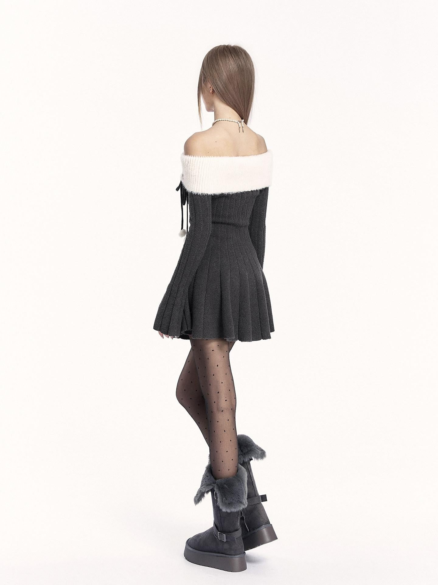 VOCK Patchwork Knit Long Sleeve Waist Cinch A Line Women's Off-shoulder Mini Dresses