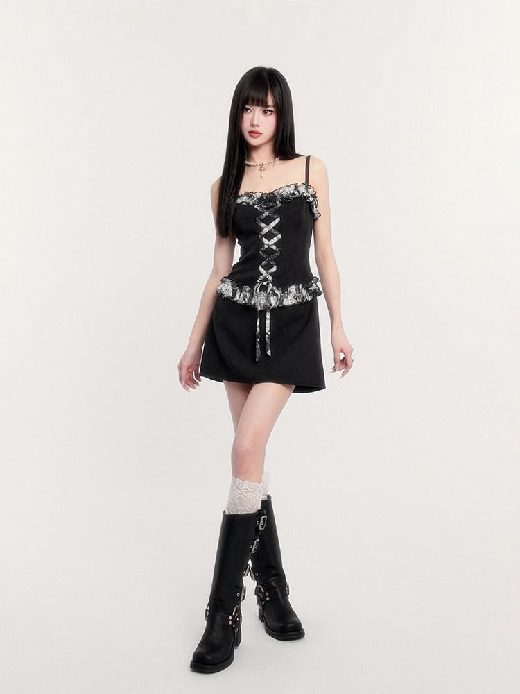 VOCK Patchwork Lace Short Blazer Women's V-neck Slim Cami Slip Mini Dresses