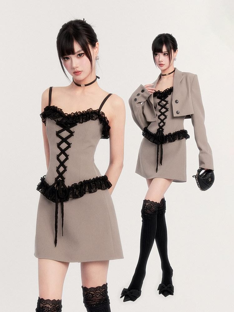 VOCK Patchwork Lace Short Blazer Women's V-neck Slim Cami Slip Mini Dresses