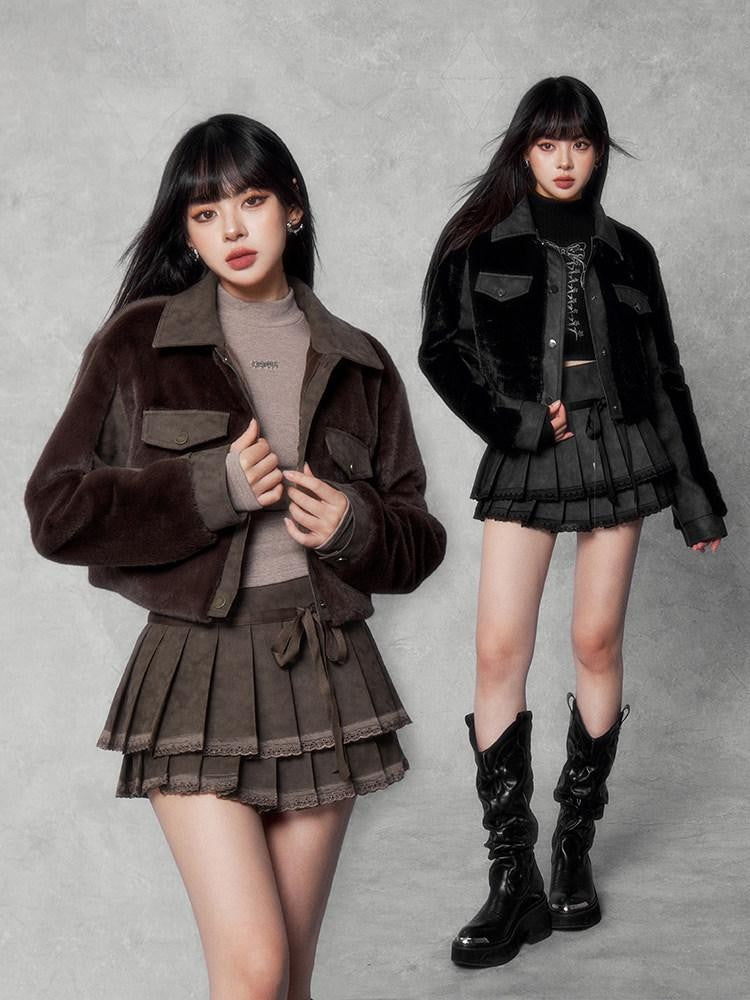 VOCK Patchwork Lapel Short Slim Fit Street Women's Polyester Eco Faux Fur Coats