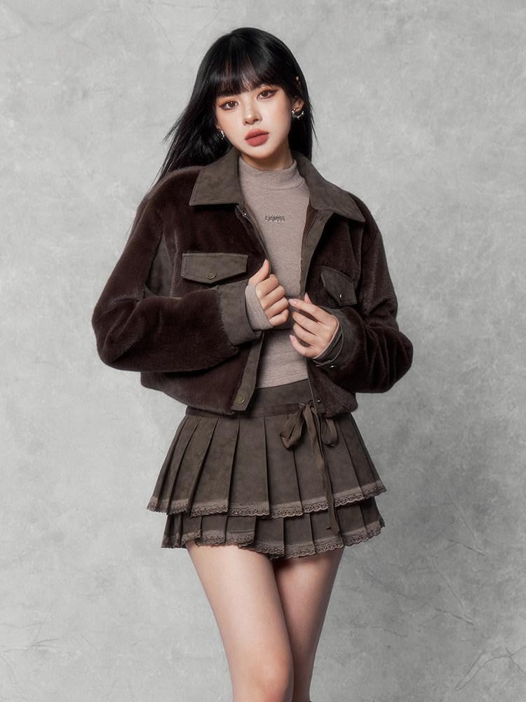 VOCK Patchwork Lapel Short Slim Fit Street Women's Polyester Eco Faux Fur Coats
