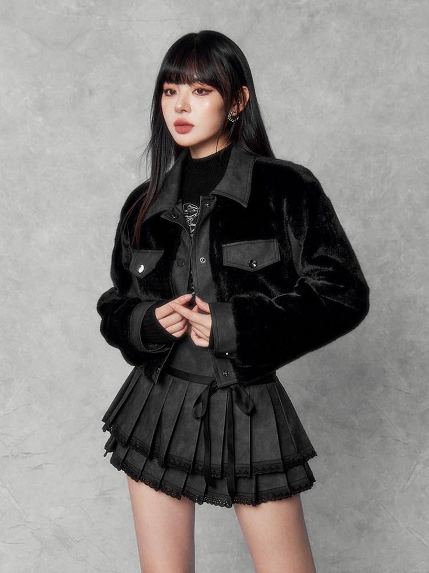 VOCK Patchwork Lapel Short Slim Fit Street Women's Polyester Eco Faux Fur Coats
