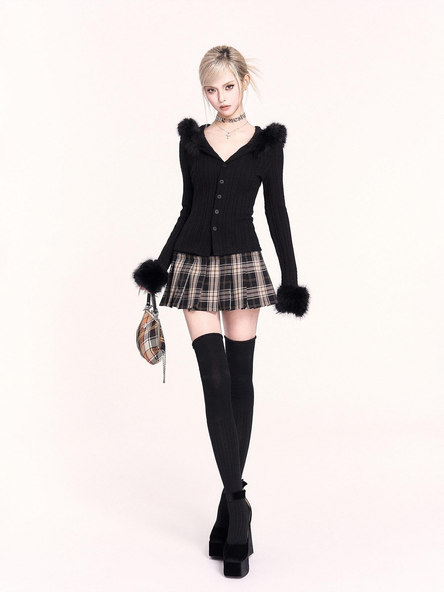 VOCK Patchwork Plaid High Waist Buttons A Line Women's Polyester Blend Pleated Skirts
