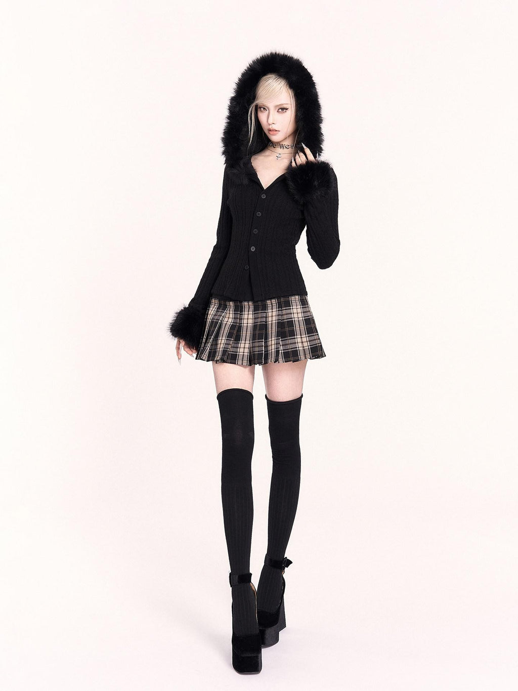 VOCK Patchwork Plaid High Waist Buttons A Line Women's Polyester Blend Pleated Skirts