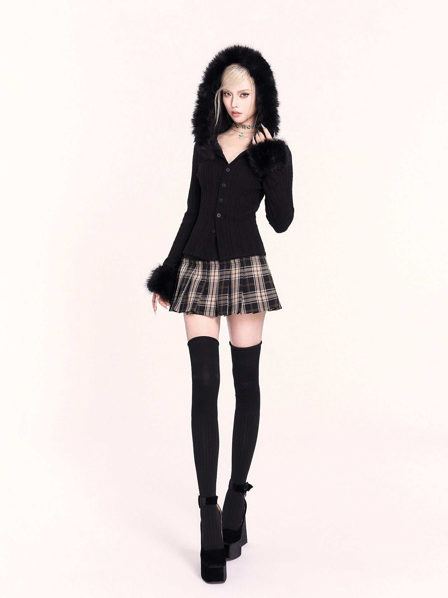 VOCK Patchwork Plaid High Waist Buttons A Line Women's Polyester Blend Pleated Skirts