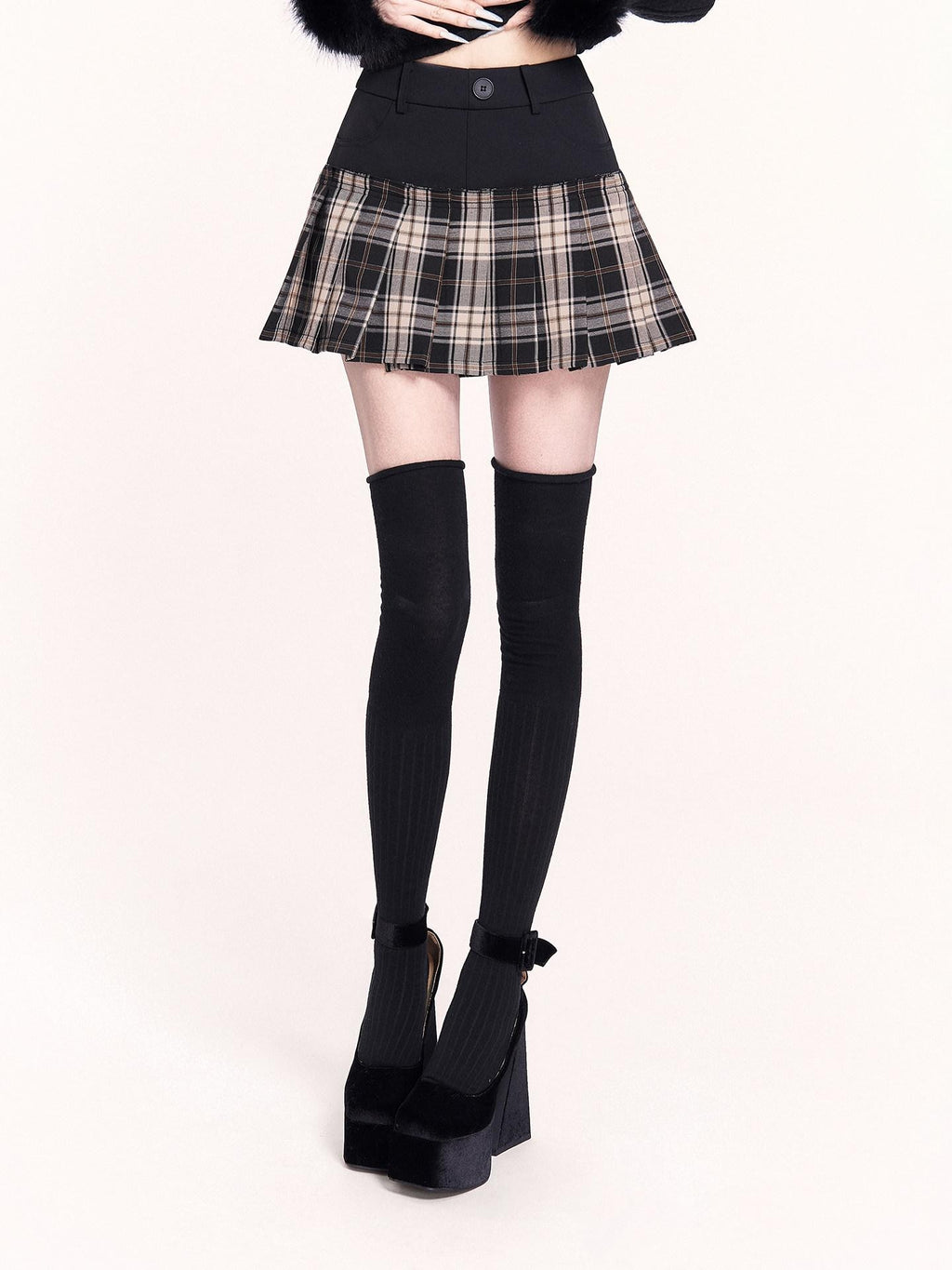 VOCK Patchwork Plaid High Waist Buttons A Line Women's Polyester Blend Pleated Skirts