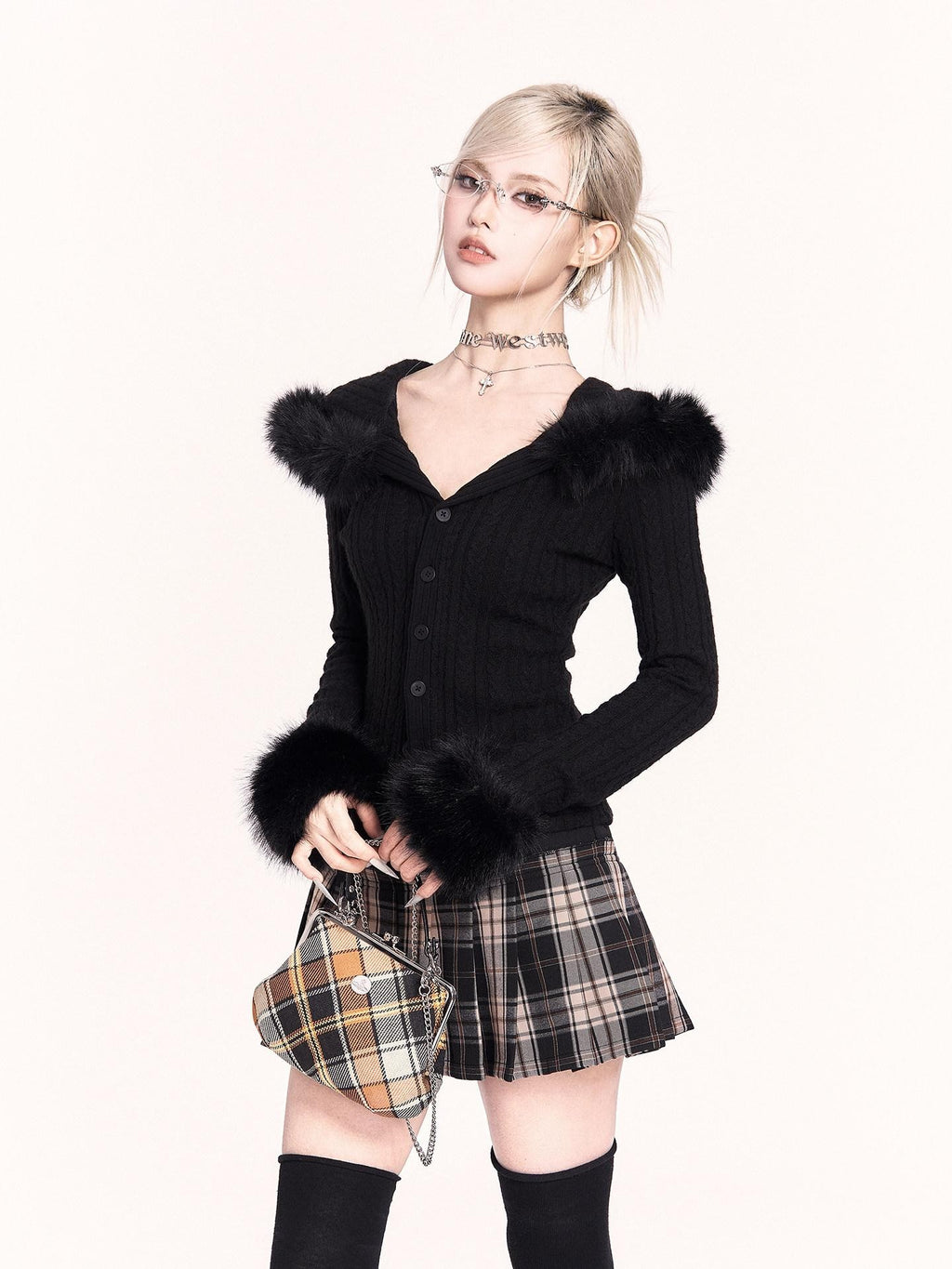 VOCK Patchwork Plaid High Waist Buttons A Line Women's Polyester Blend Pleated Skirts
