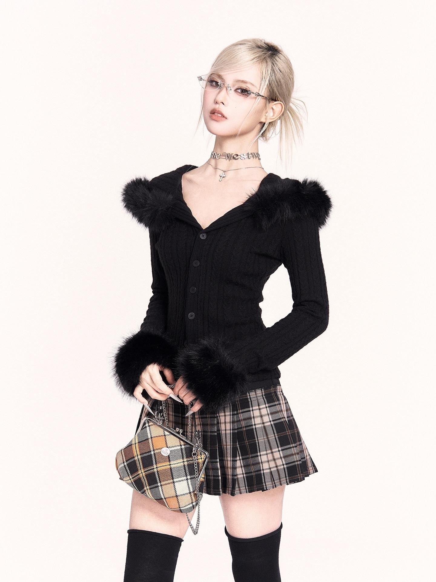 VOCK Patchwork Plaid High Waist Buttons A Line Women's Polyester Blend Pleated Skirts