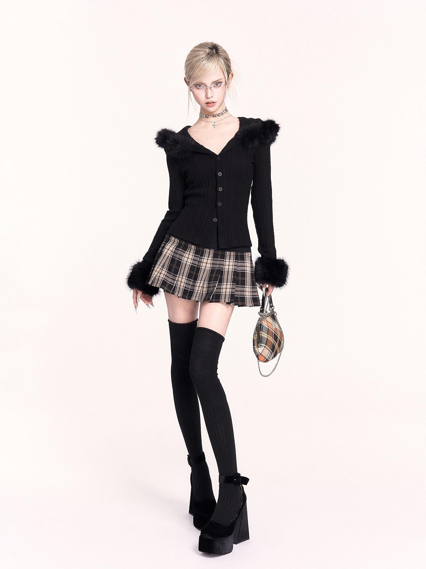 VOCK Patchwork Plaid High Waist Buttons A Line Women's Polyester Blend Pleated Skirts
