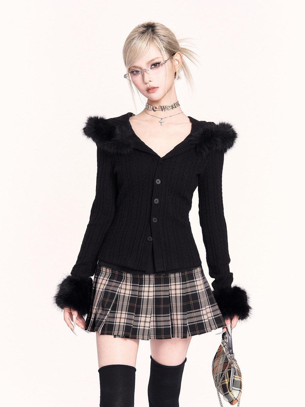 VOCK Patchwork Plaid High Waist Buttons A Line Women's Polyester Blend Pleated Skirts