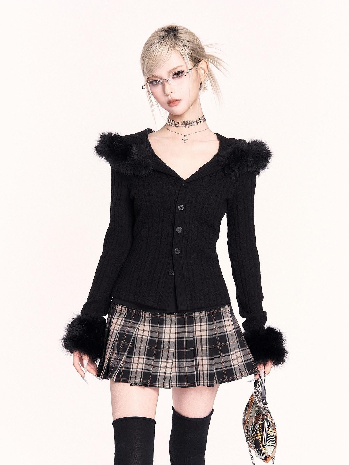 VOCK Patchwork Plaid High Waist Buttons A Line Women's Polyester Blend Pleated Skirts