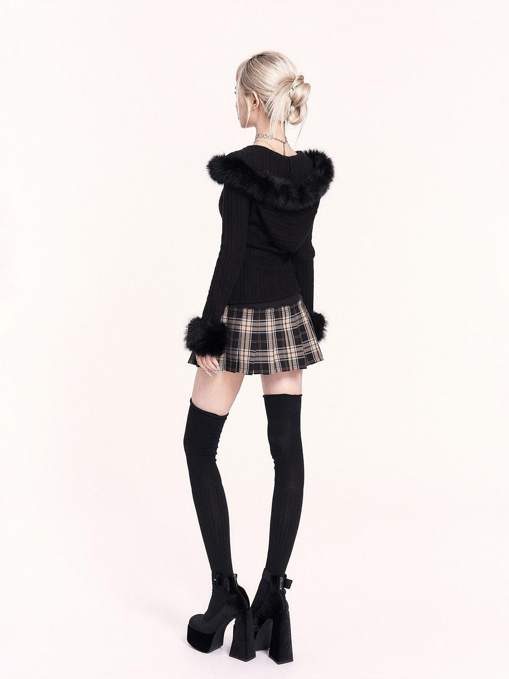 VOCK Patchwork Plaid High Waist Buttons A Line Women's Polyester Blend Pleated Skirts