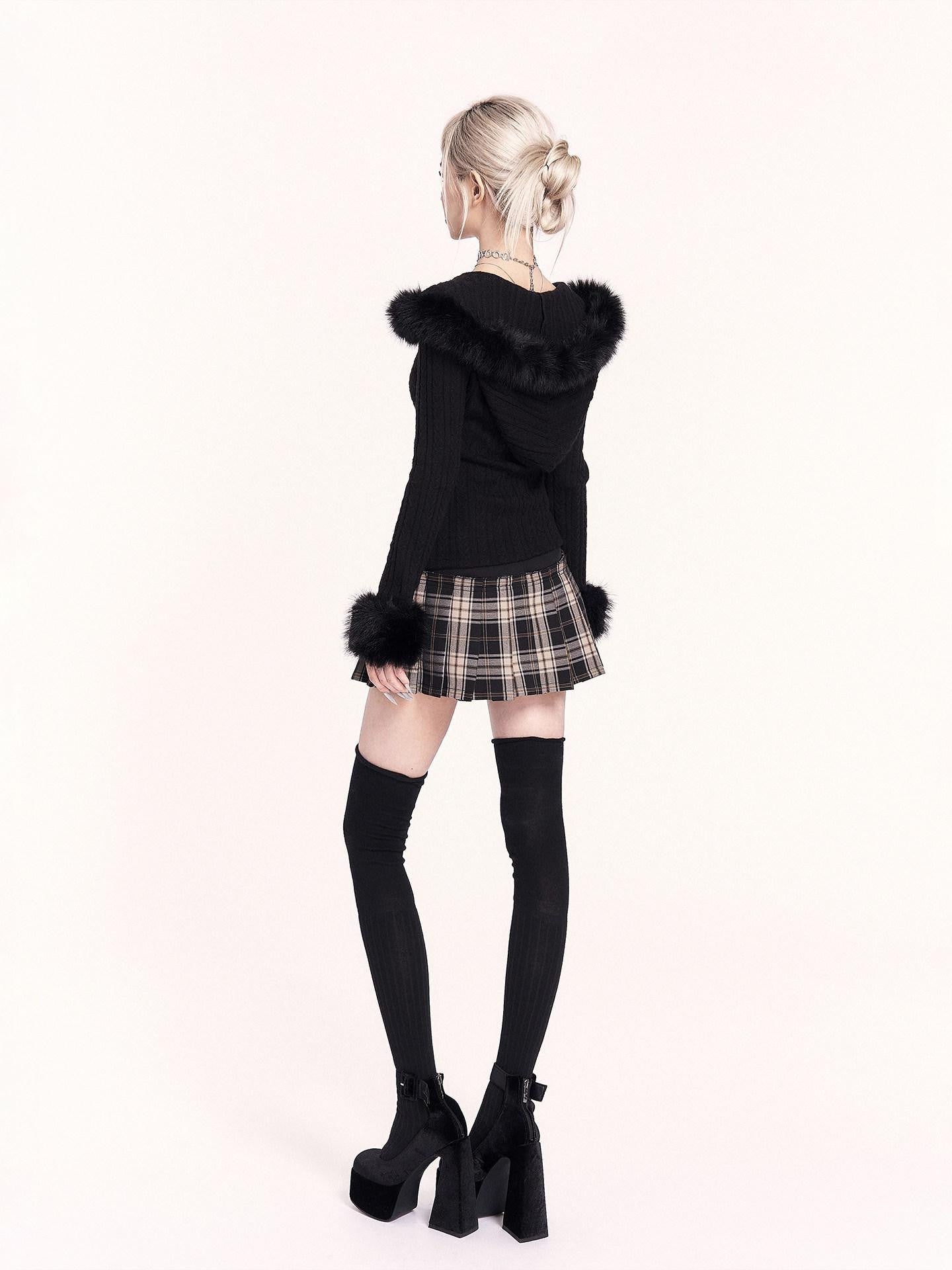 VOCK Patchwork Plaid High Waist Buttons A Line Women's Polyester Blend Pleated Skirts