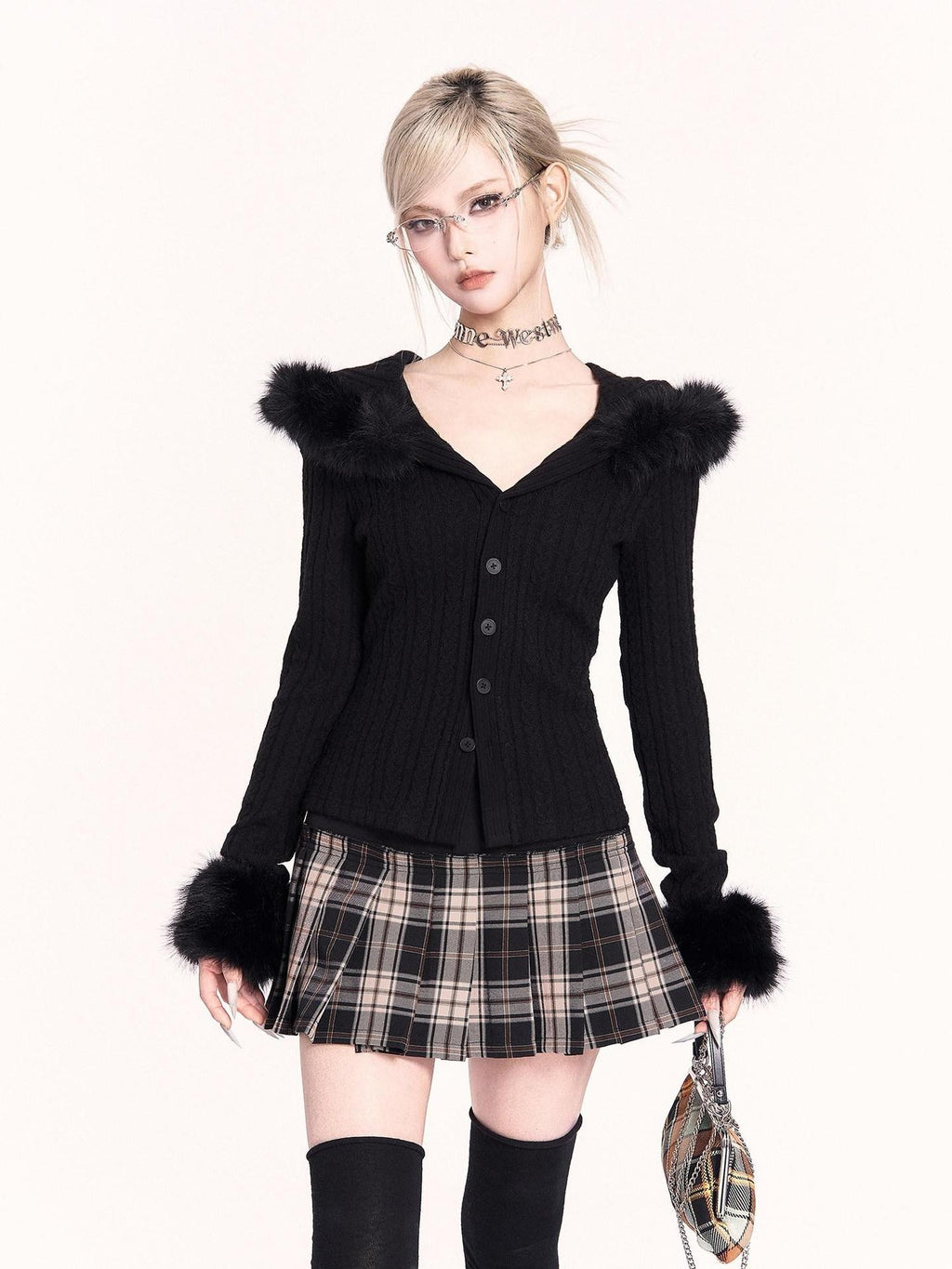 VOCK Patchwork Plaid High Waist Buttons A Line Women's Polyester Blend Pleated Skirts