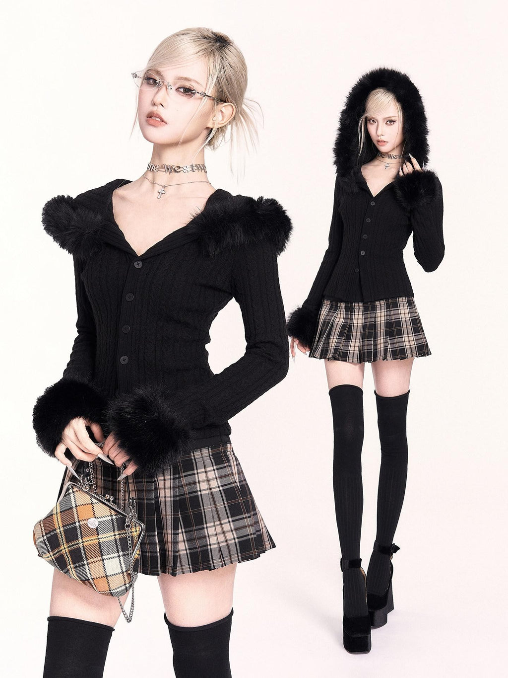 VOCK Patchwork Plaid High Waist Buttons A Line Women's Polyester Blend Pleated Skirts