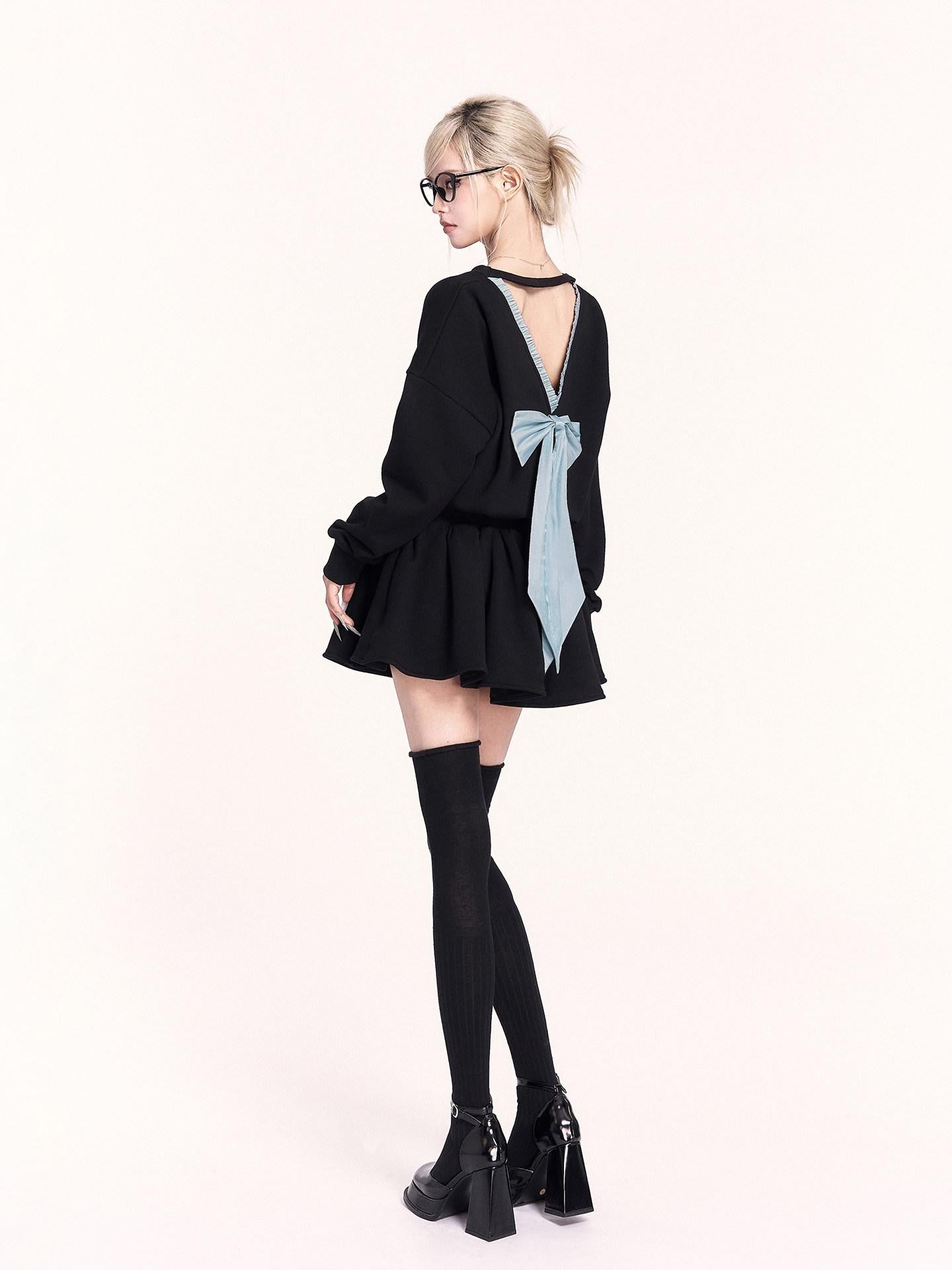 VOCK Petite Sweatshirt Puff Bow A Line Women's Polyester Cotton Casual Mini Dresses