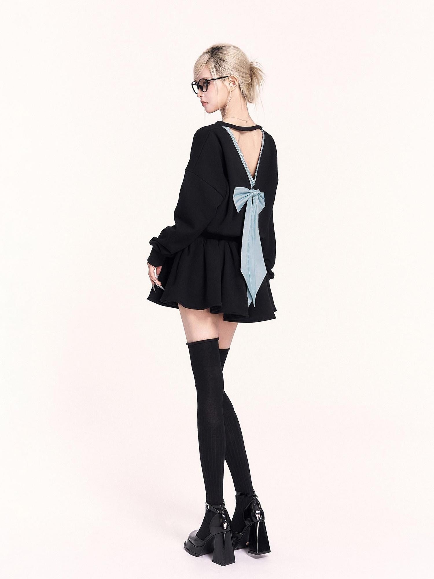 VOCK Petite Sweatshirt Puff Bow A Line Women's Polyester Cotton Casual Mini Dresses