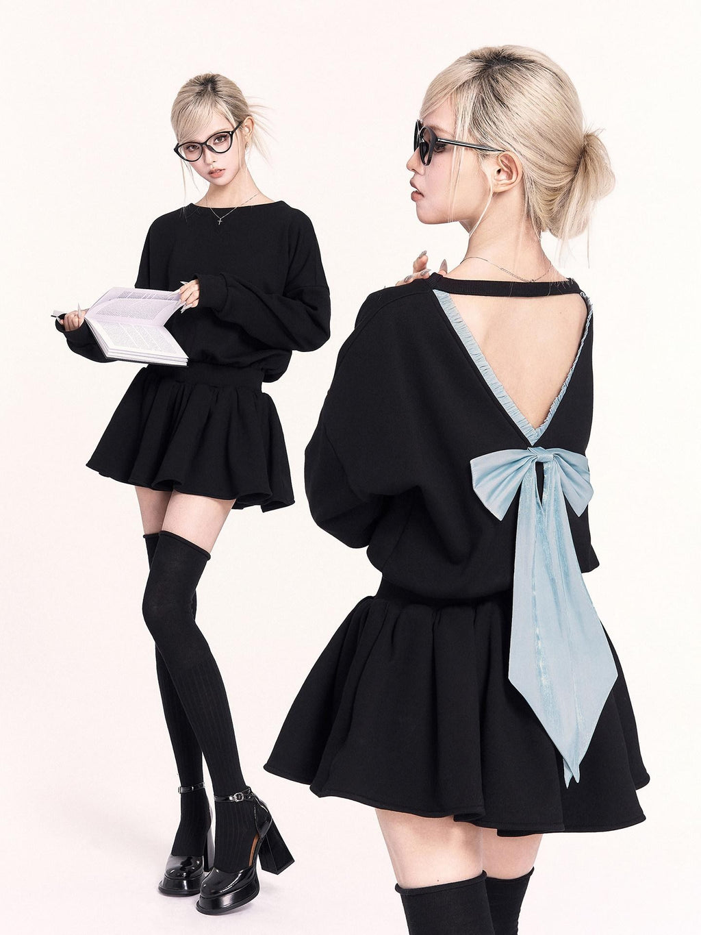 VOCK Petite Sweatshirt Puff Bow A Line Women's Polyester Cotton Casual Mini Dresses