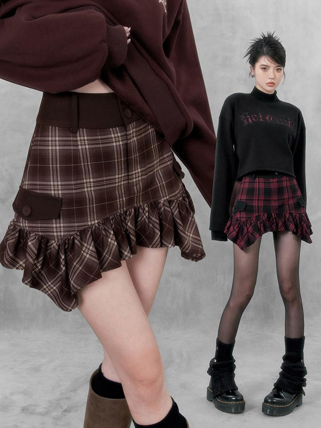 VOCK Plaid Asymmetric Curved Hem A Line Women's High Waist Mini Skirts