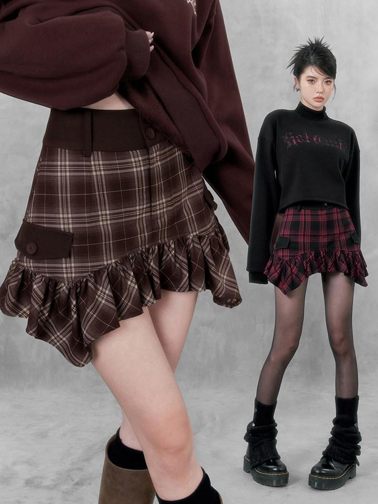 VOCK Plaid Asymmetric Curved Hem A Line Women's High Waist Mini Skirts