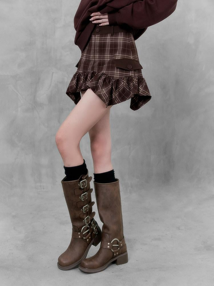 VOCK Plaid Asymmetric Curved Hem A Line Women's High Waist Mini Skirts