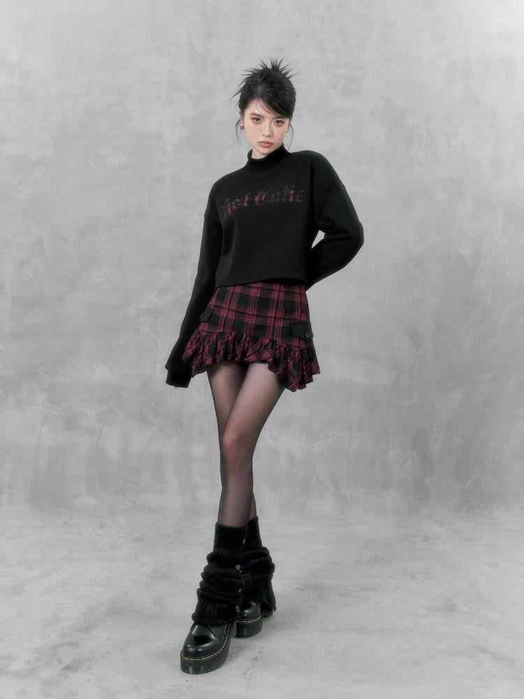 VOCK Plaid Asymmetric Curved Hem A Line Women's High Waist Mini Skirts
