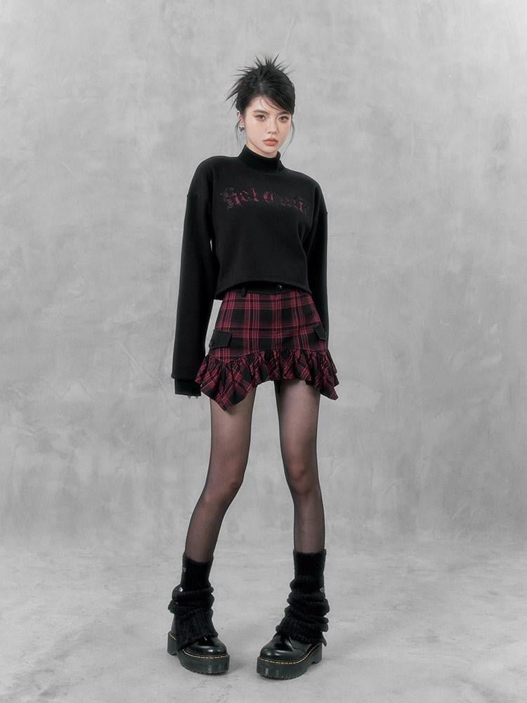 VOCK Plaid Asymmetric Curved Hem A Line Women's High Waist Mini Skirts